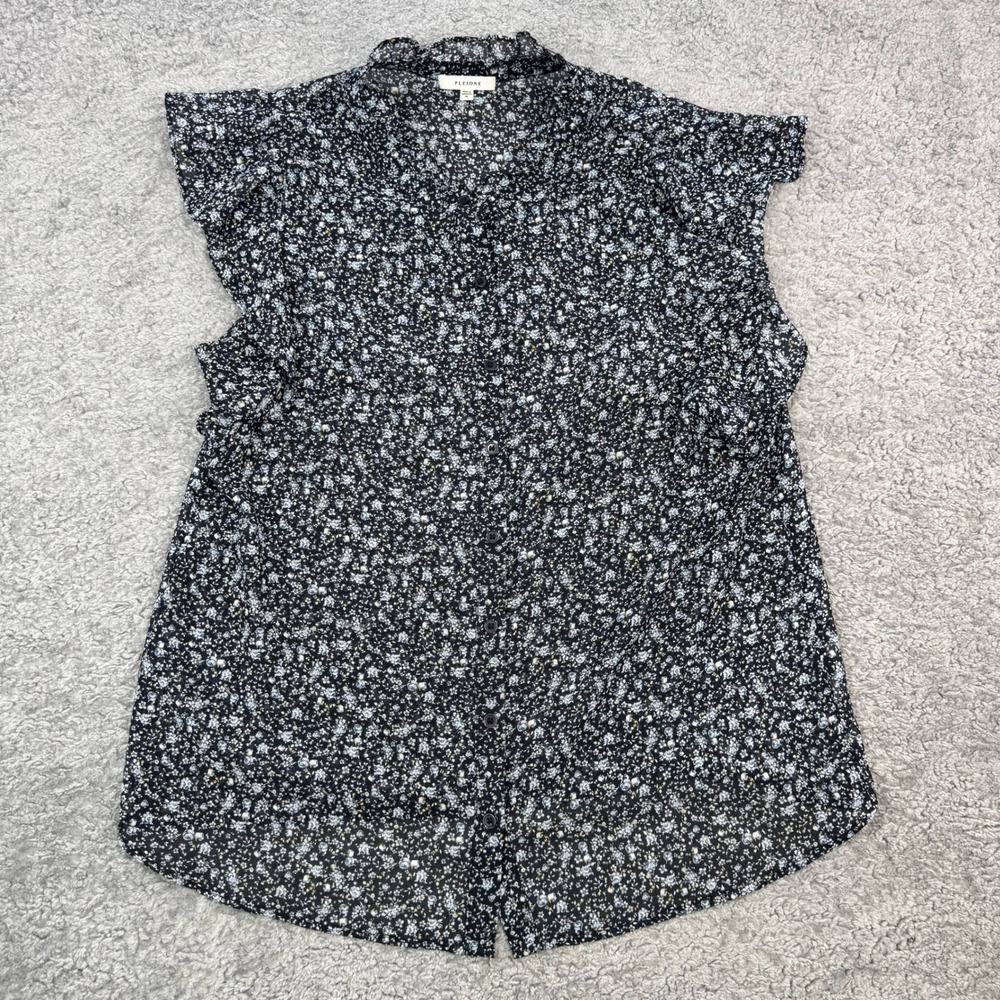 Pleione Womens Black Floral Ruffle Flutter Sleeve Sheer Blouse Med Boho office